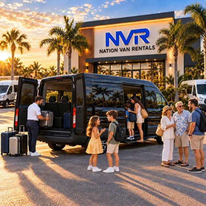 Illustrative scene: a family with their luggage beside a black passenger van at sunset