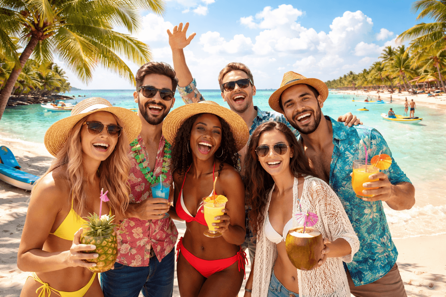Friends enjoy tropical drinks on sunny beach.