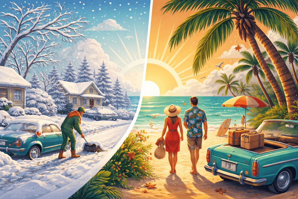 Seasonal contrast: winter snowstorm and tropical beach sunset.