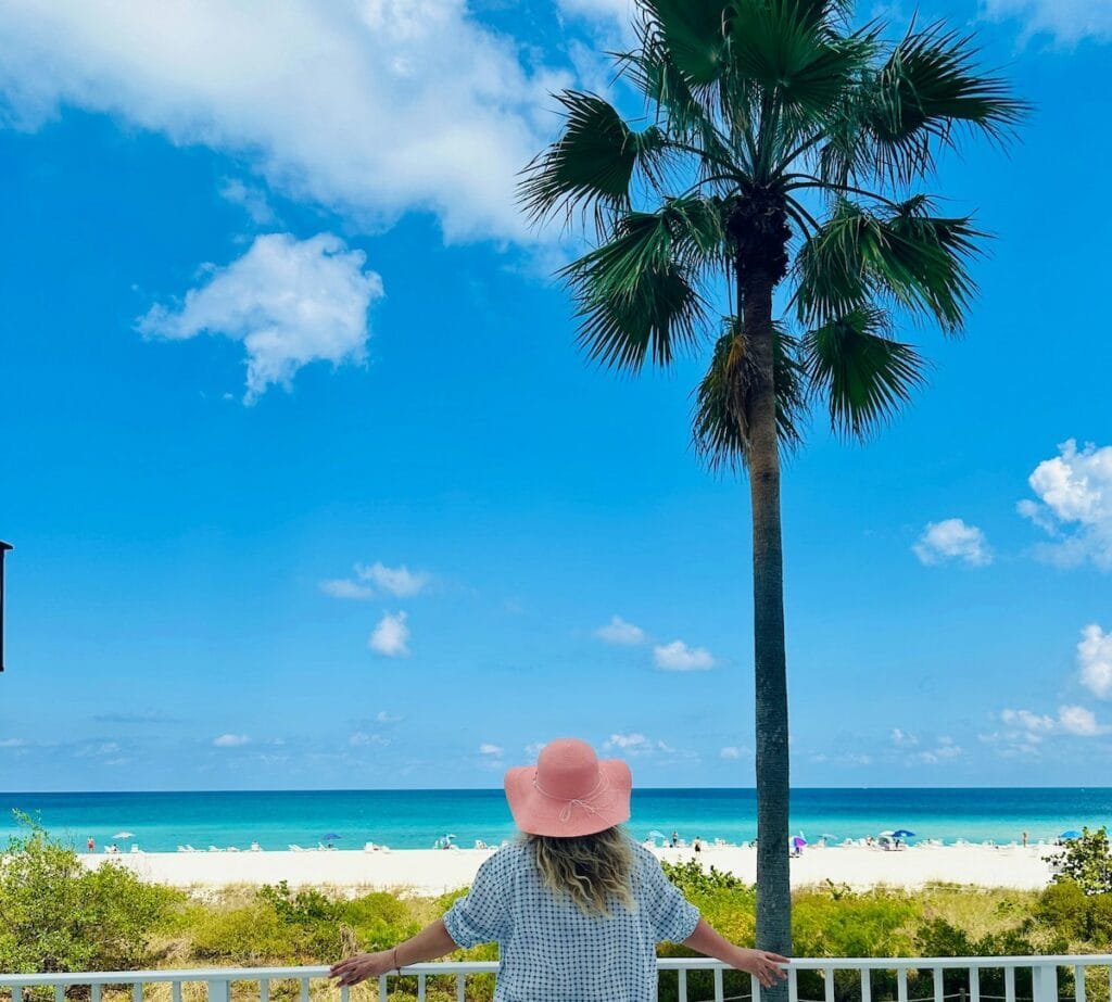 Person in pink hat enjoying beach view under palm.