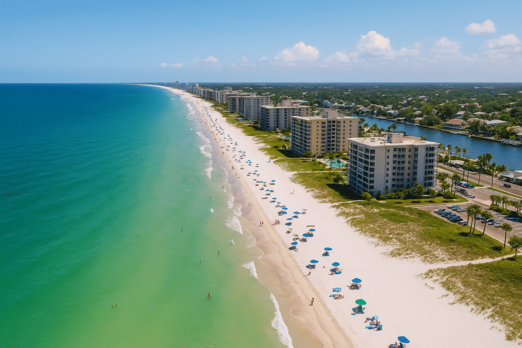 Aerial view of beachfront condos, Sarasota, Florida coast