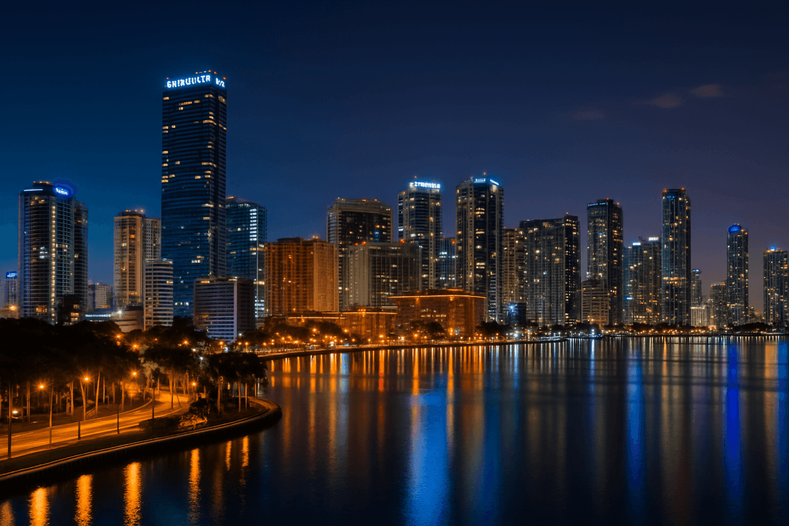 Miami skyline at night reflecting in water