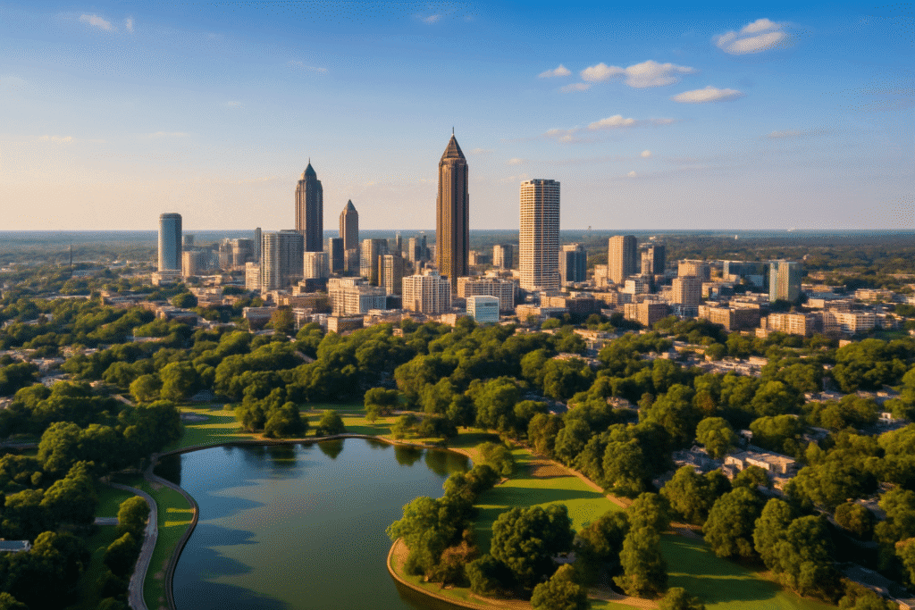 Atlanta skyline with park and lake view