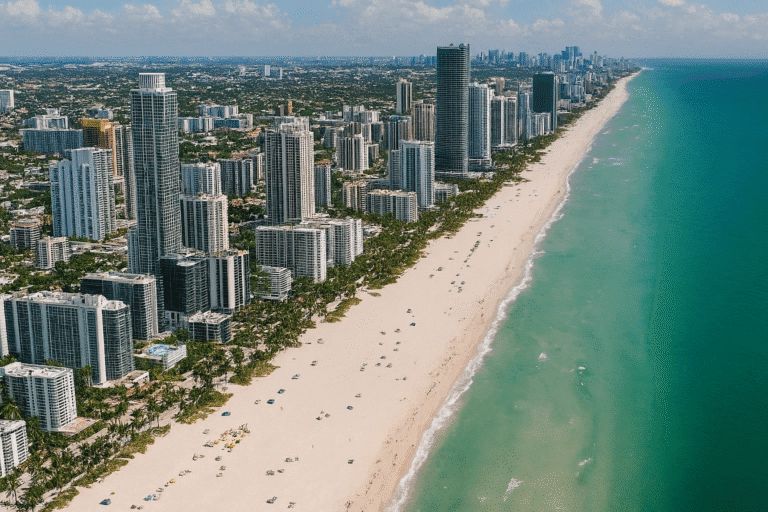 Aerial view of Miami Beach coastline and skyscrapers.