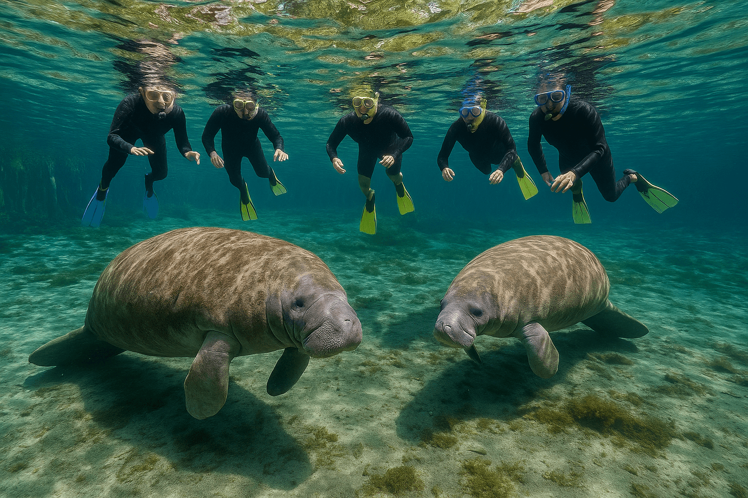 Snorkelers swimming with two manatees underwater in Cryatal River.