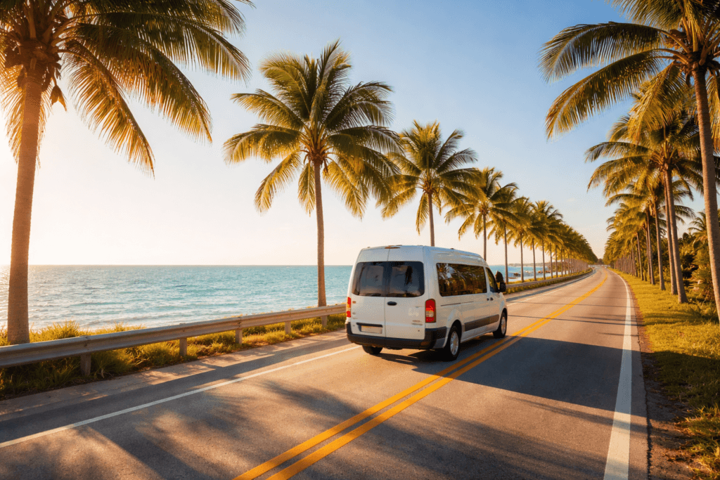 Van driving on palm-lined coastal highway at sunset.