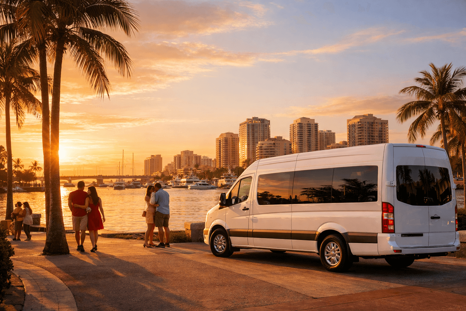 Scenic coastal sunset with people and white van.