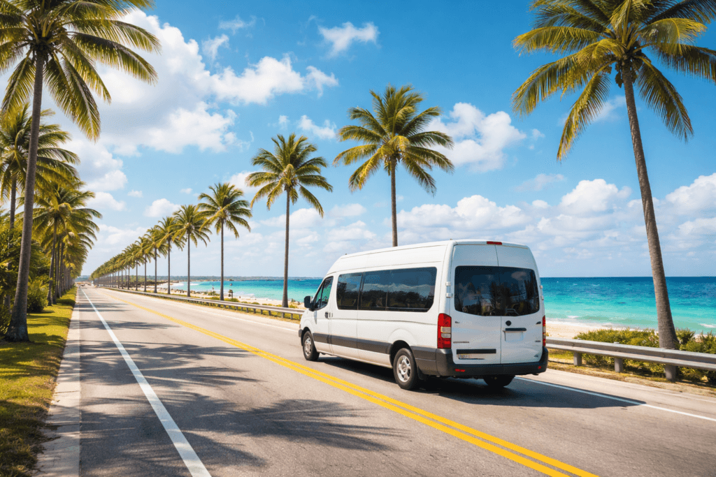 Van driving on beachside palm tree road