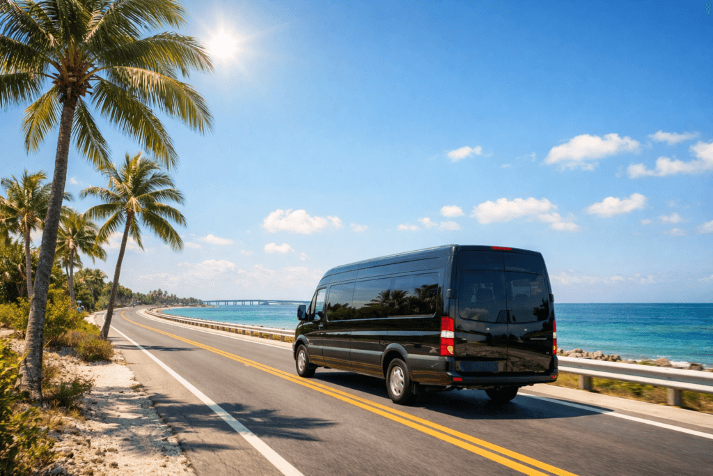 Black van driving on tropical coastal highway