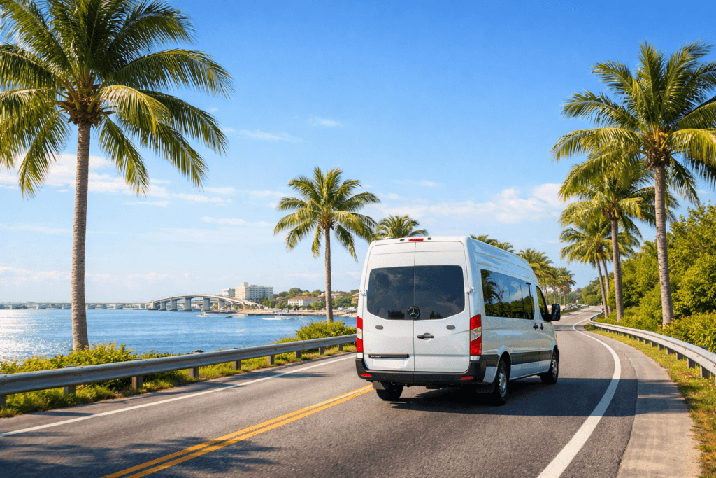 Van driving along palm tree-lined coastal highway.