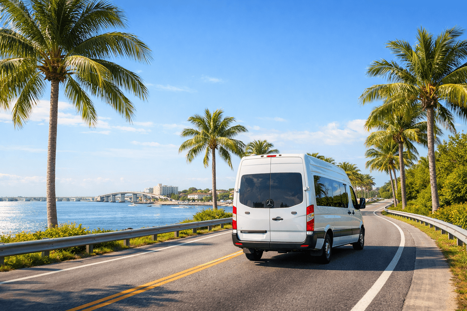 Van driving along palm tree-lined coastal highway.