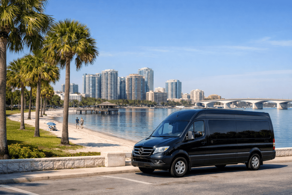 Black van parked near the beach