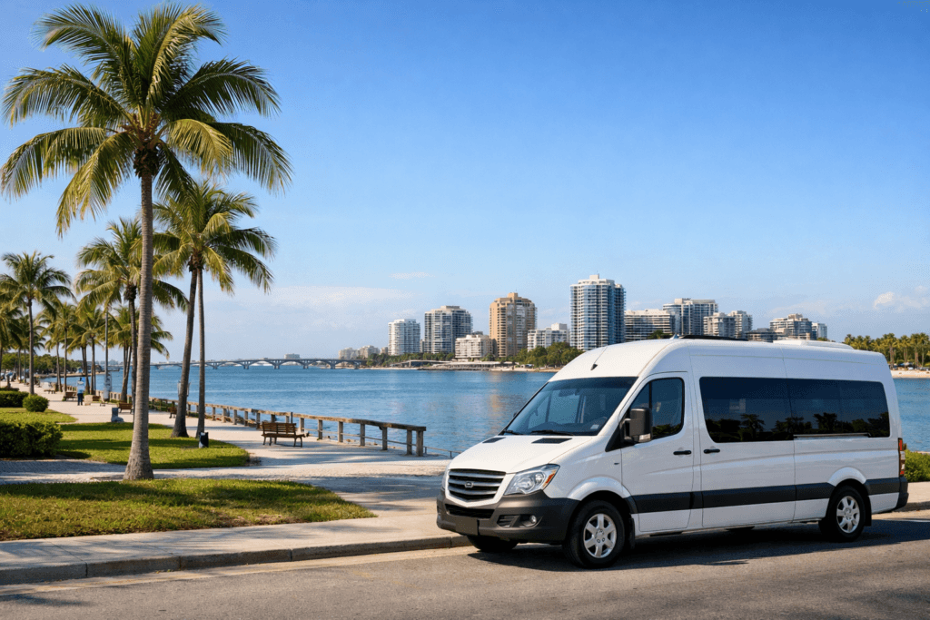 White van parked by waterfront with palm trees.