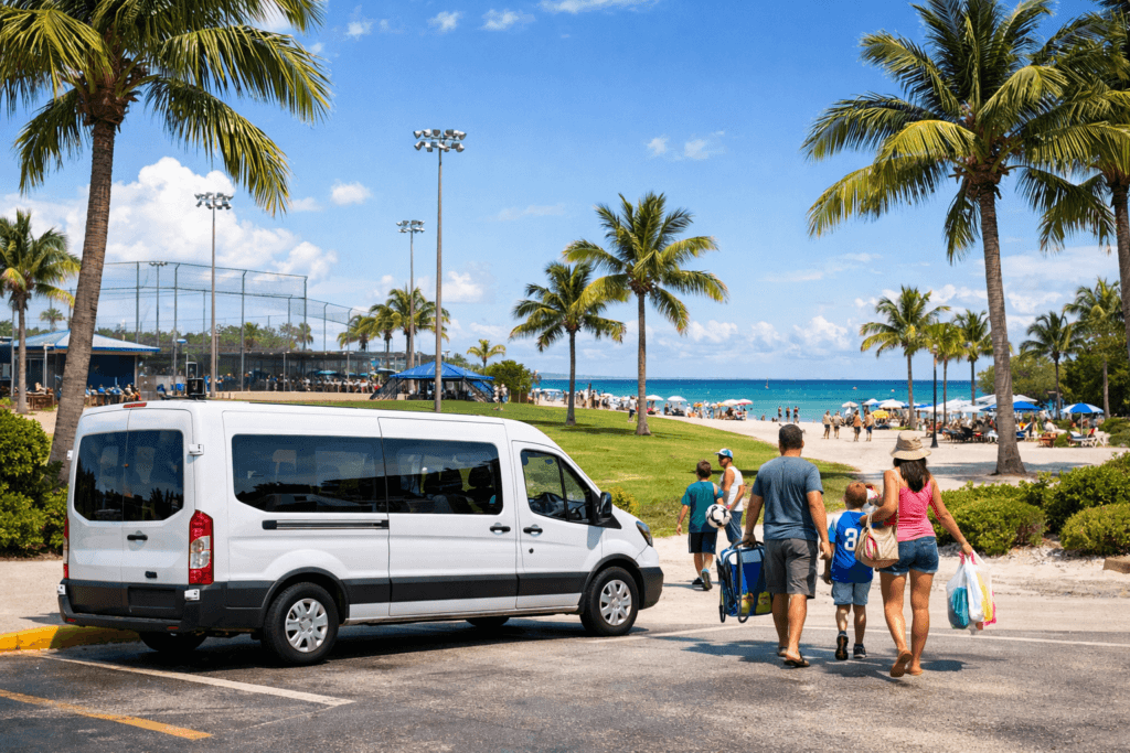 Family walking to beach with van parked nearby.