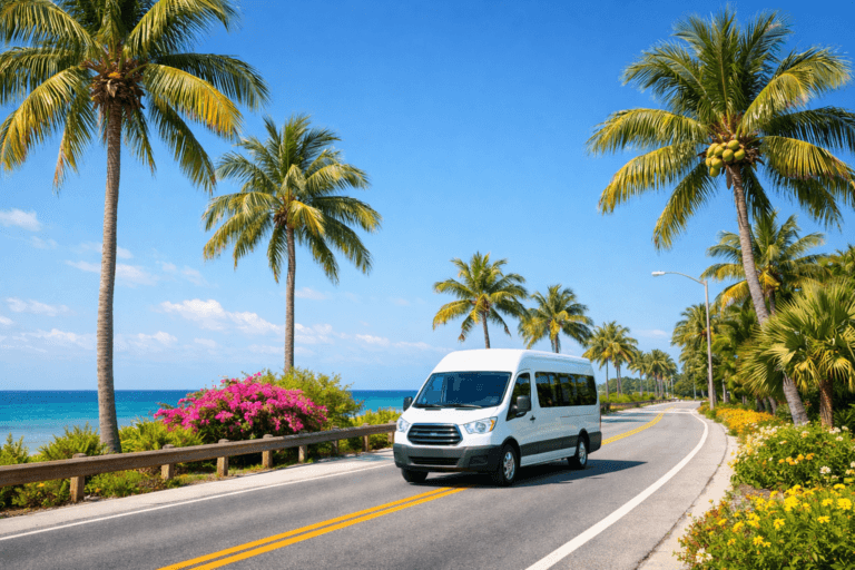 White 15-passenger van driving on a tropical road