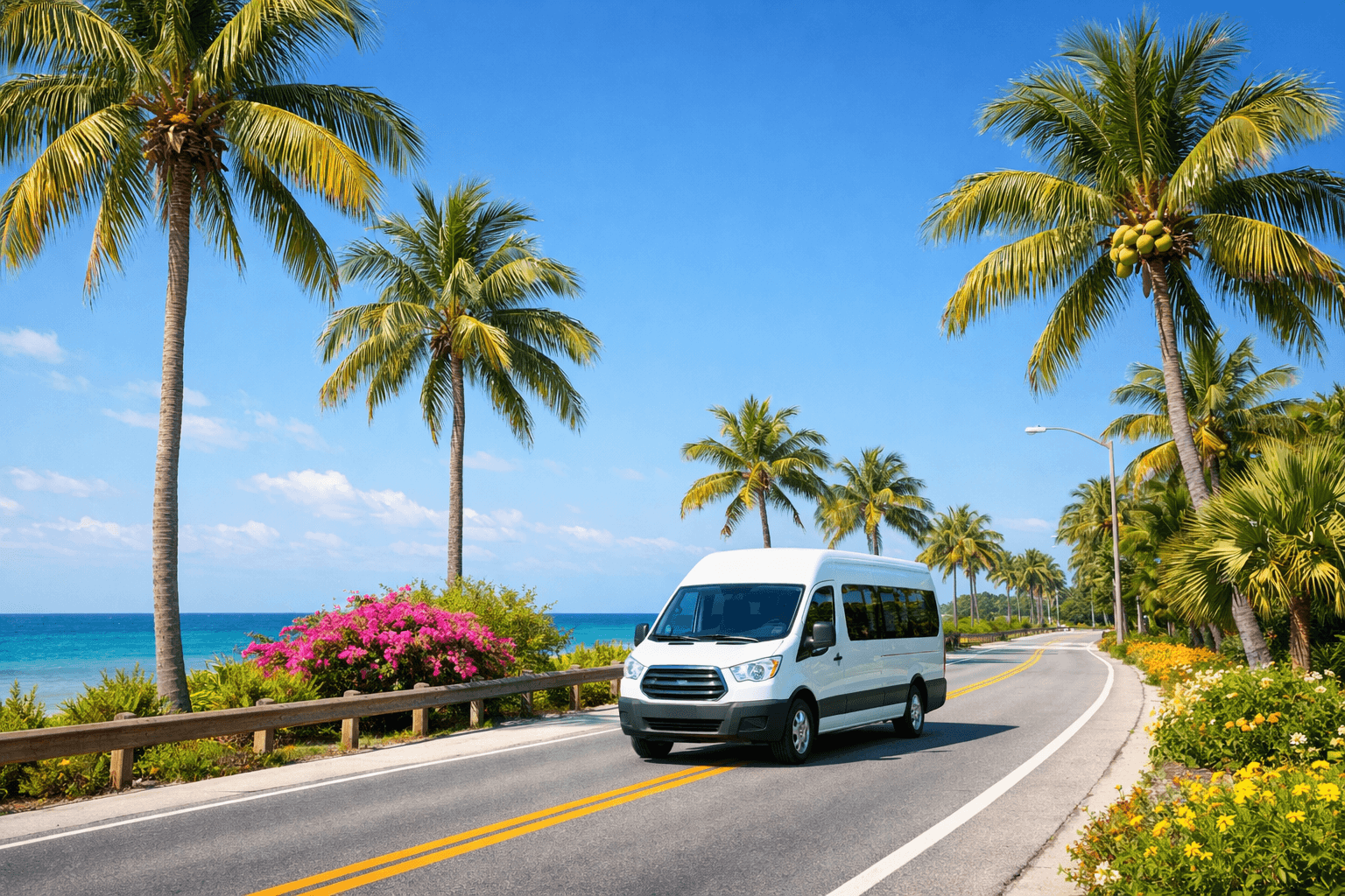 White 15-passenger van driving on a tropical road