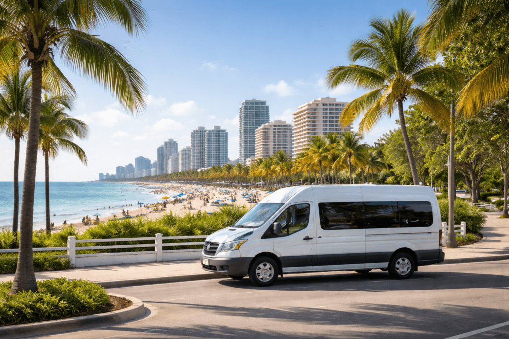Van parked by a sunny beach scene