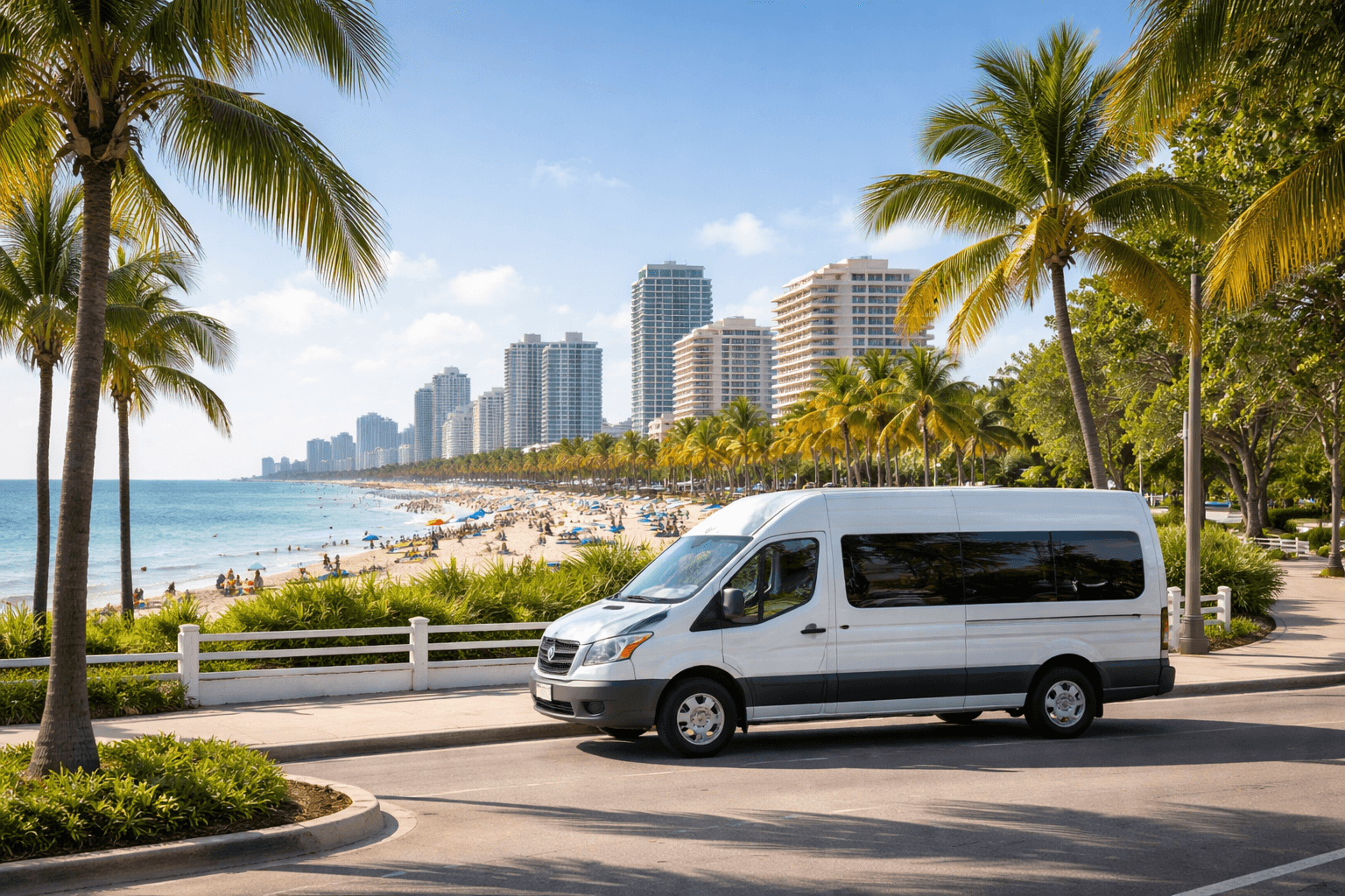 Van parked by a sunny beach scene