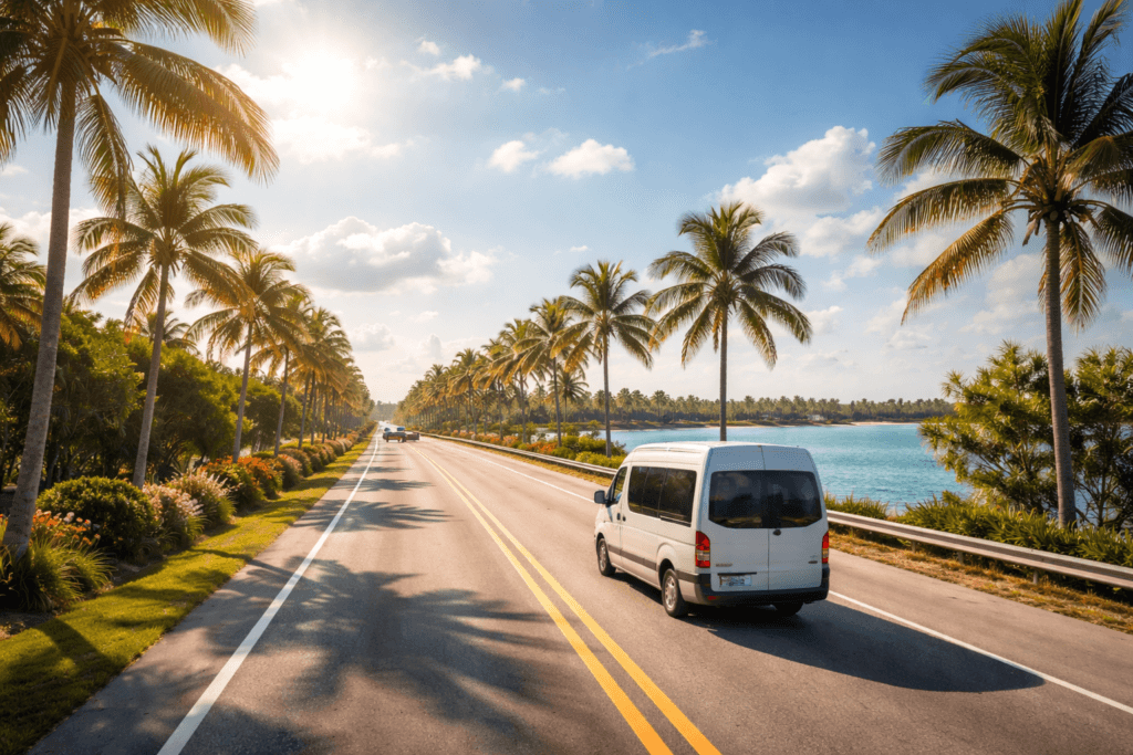 Van driving on sunny palm-lined road