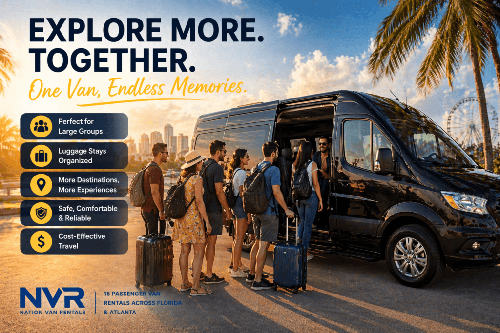 Group boarding black passenger van with luggage at sunset