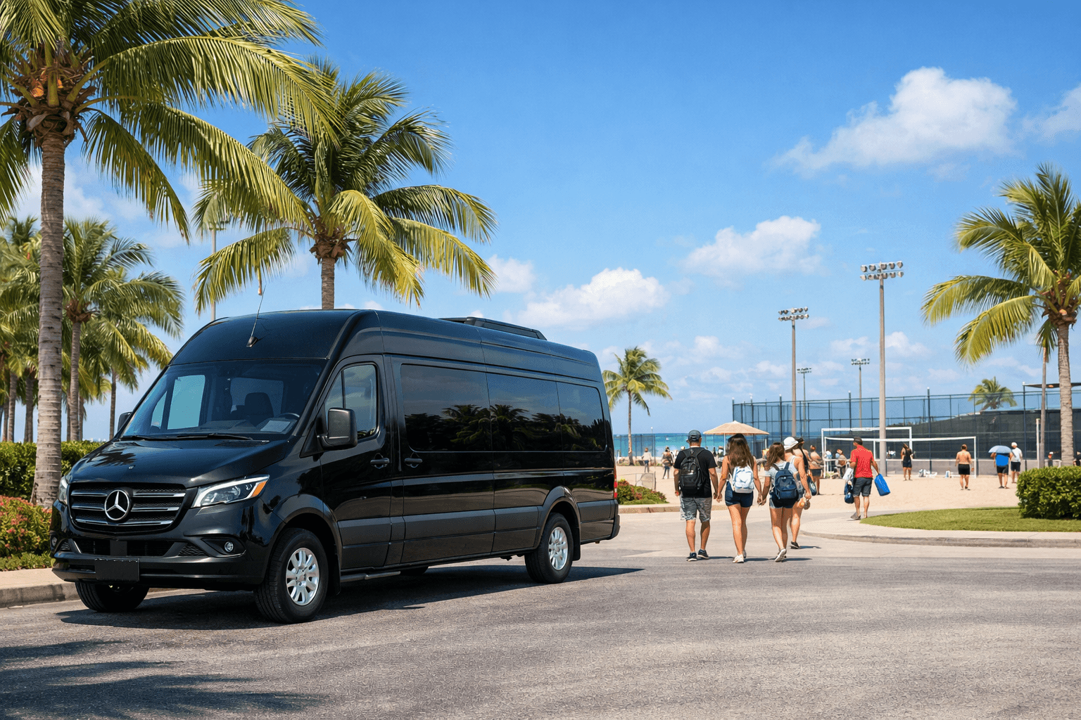 Black van parked near palm trees and beachgoers.