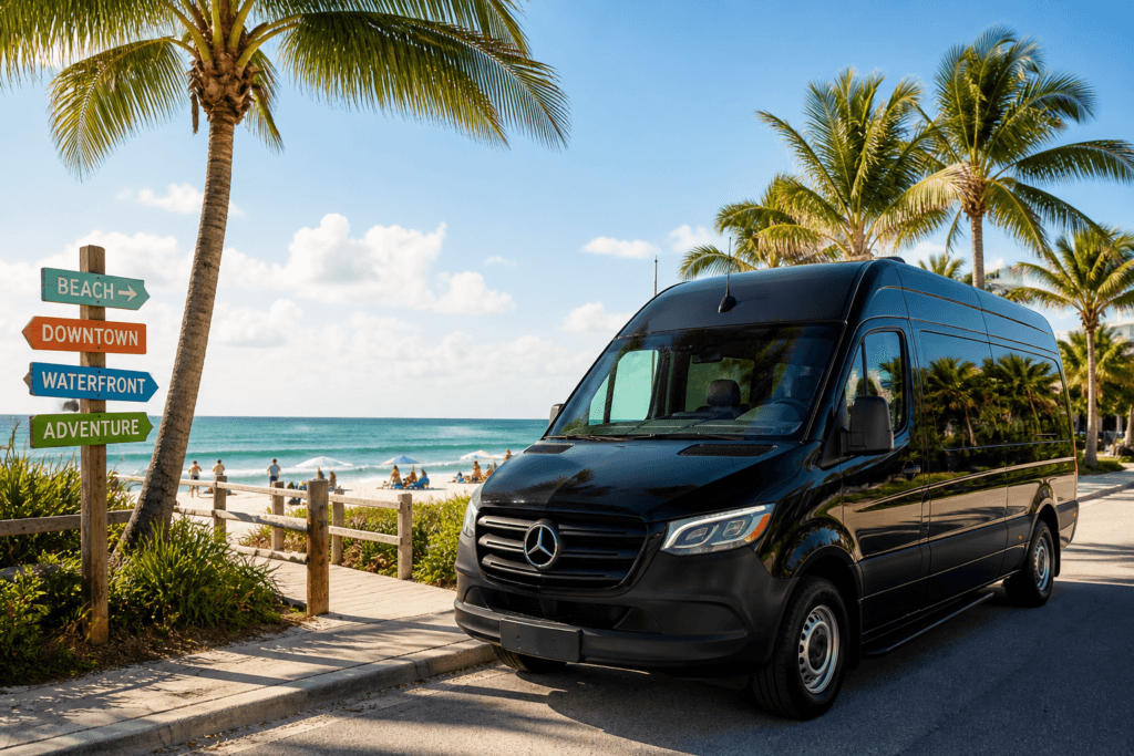 Black van parked by tropical beach with palm trees