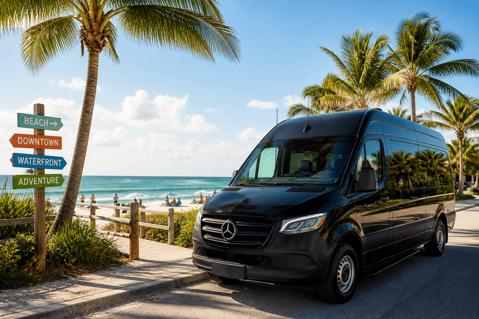 Black van parked by tropical beach with palm trees