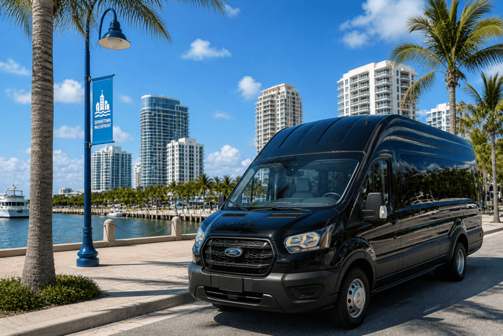 Black passenger van parked at downtown waterfront