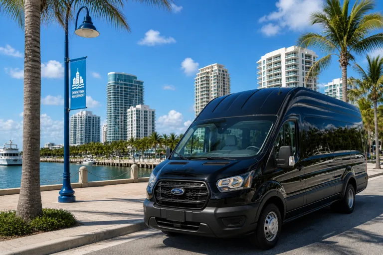 Black passenger van parked at downtown waterfront