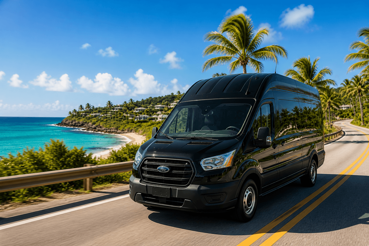 Black cargo van driving along tropical coastal road