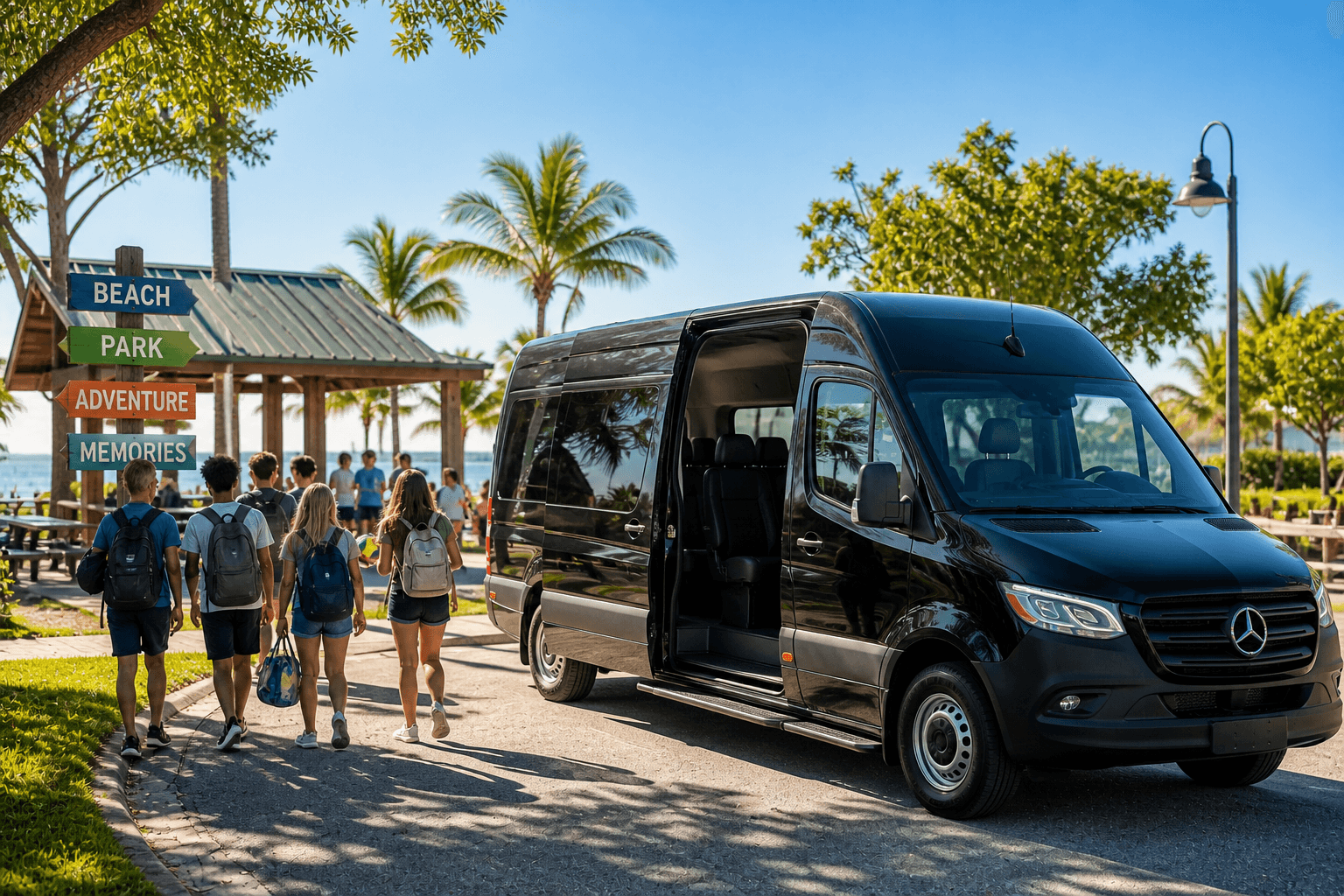 Black passenger van parked near sunny beach park