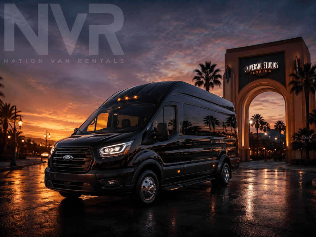 Black passenger van at Universal Studios Florida entrance