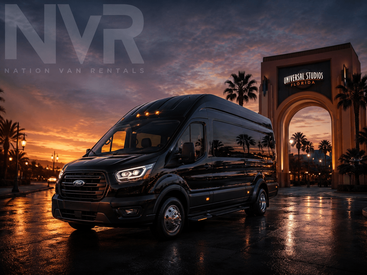 Black passenger van at Universal Studios Florida entrance