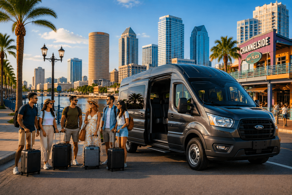Group of travelers with luggage beside city van