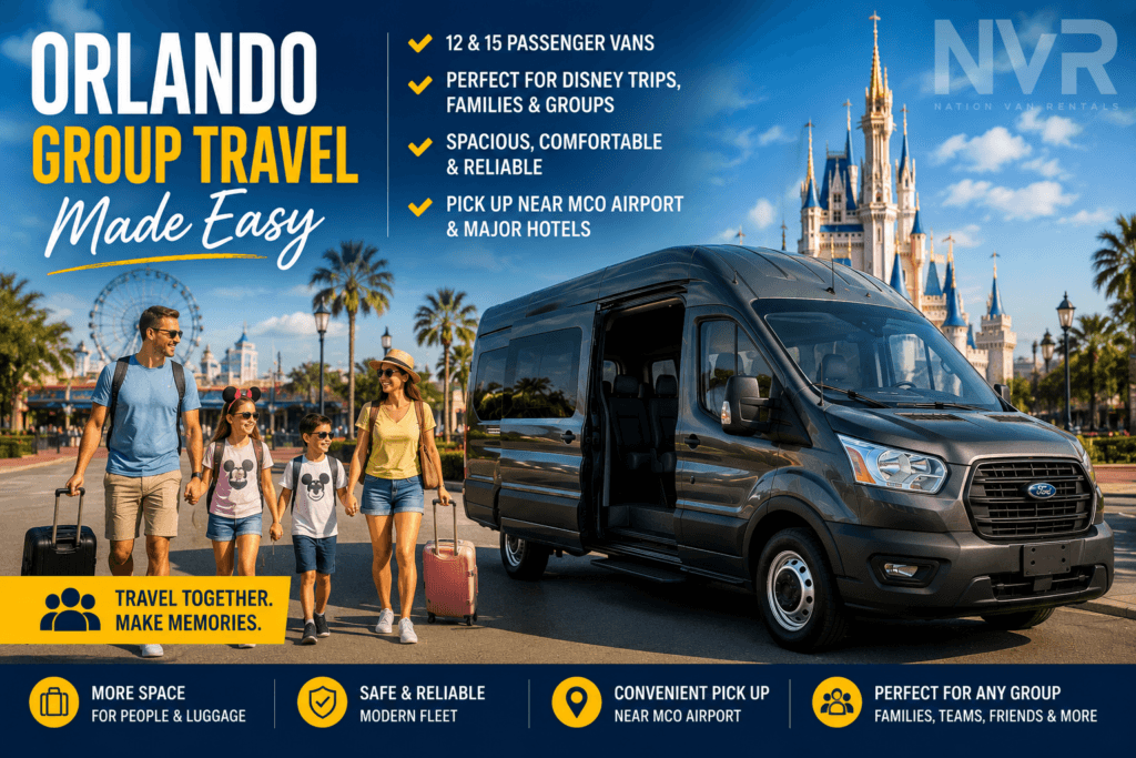 Family with luggage beside passenger van in Orlando