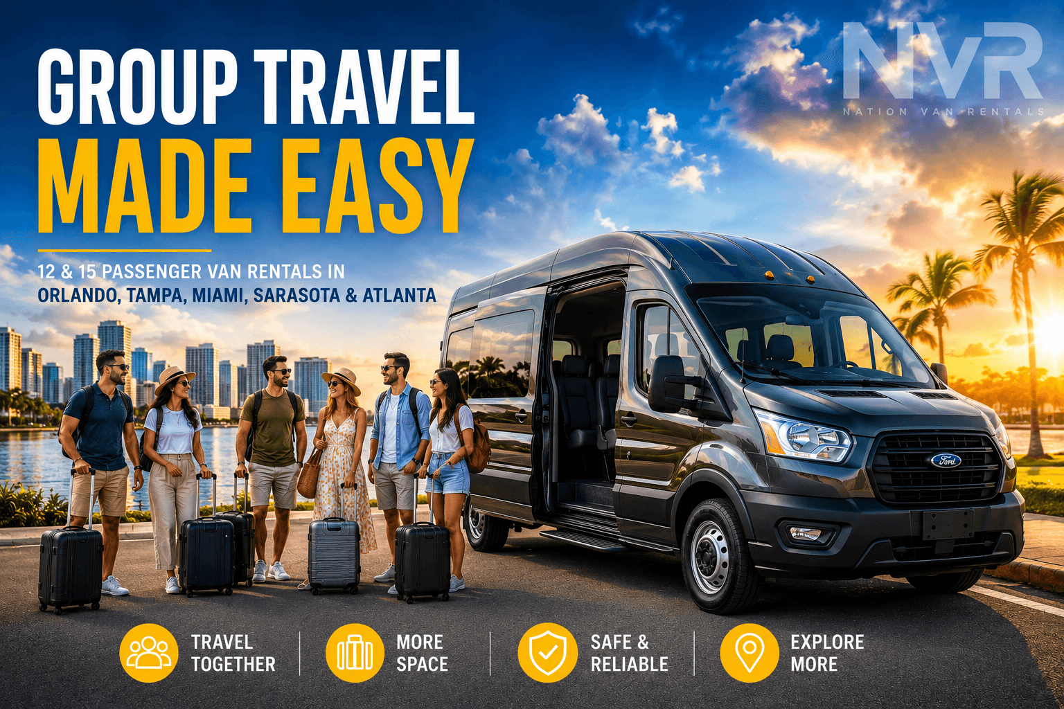 Group with luggage beside passenger van at sunset