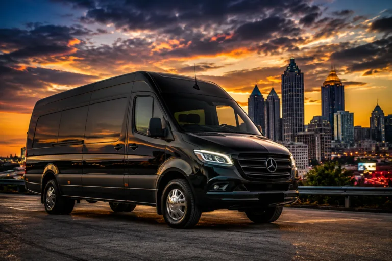 Sprinter High Roof passenger van overlooking the Atlanta skyline at golden hour for premium passenger van rental Atlanta and group transportation services.