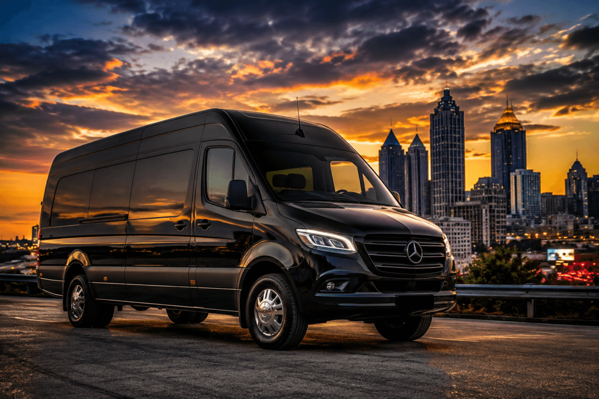 Sprinter High Roof passenger van overlooking the Atlanta skyline at golden hour for premium passenger van rental Atlanta and group transportation services.
