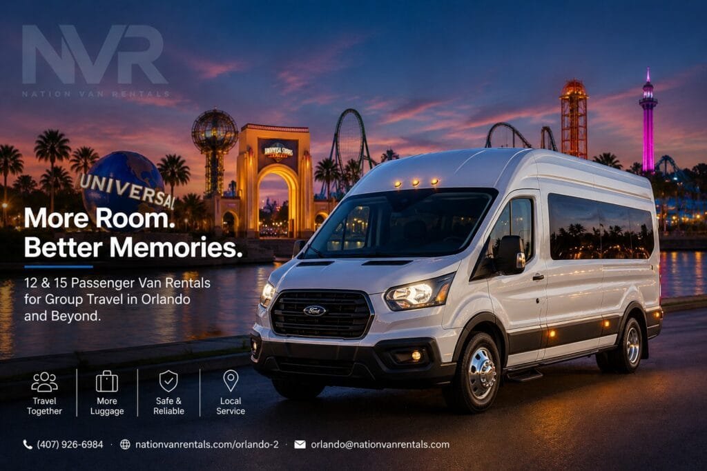 White passenger van at Universal Studios Orlando at dusk