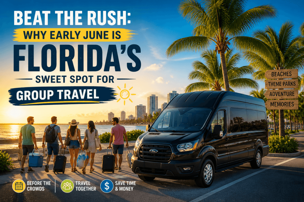 Friends walking on Florida beach near travel van
