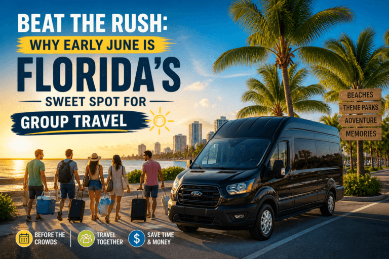 Friends walking on Florida beach near travel van