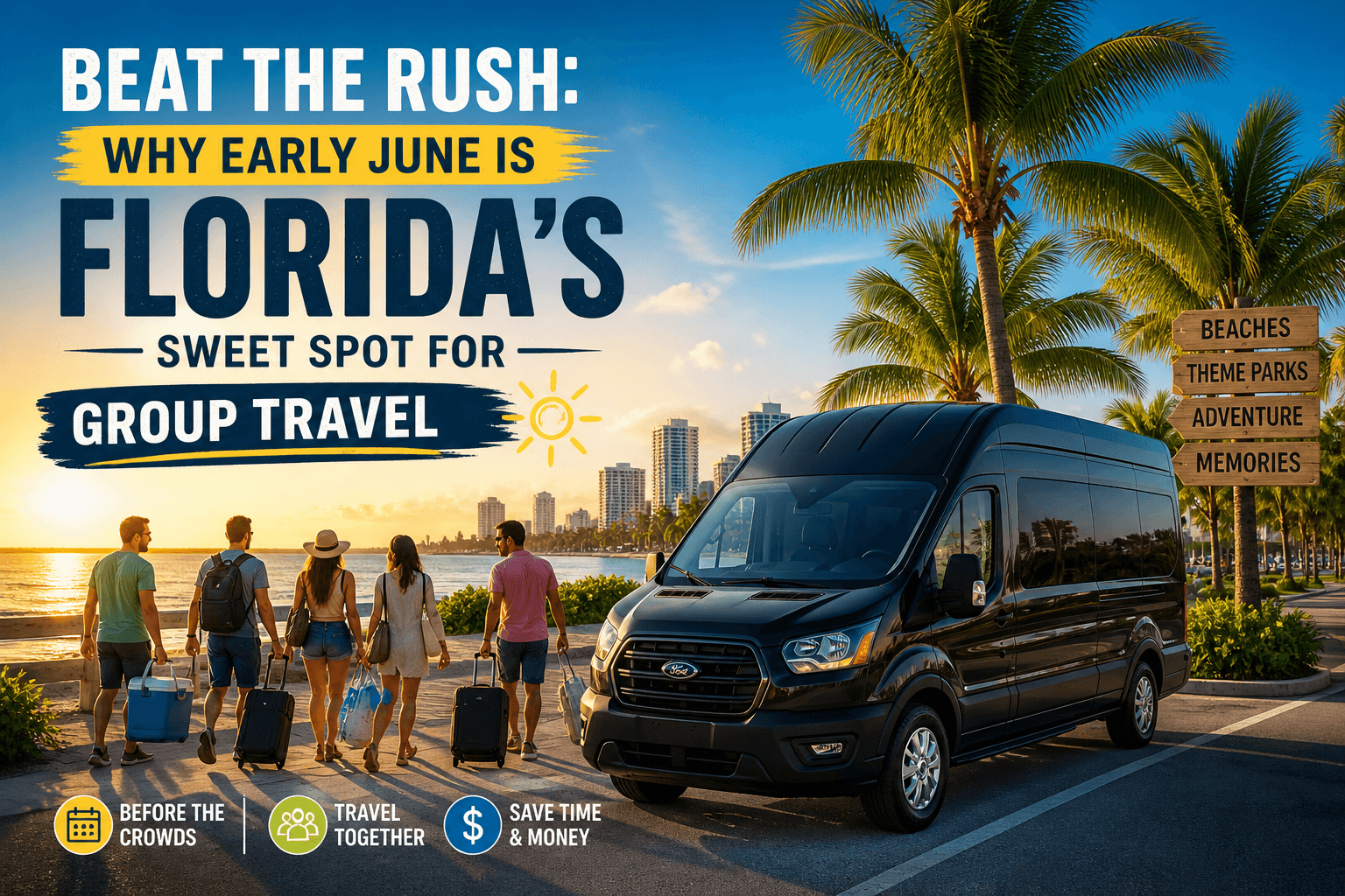 Friends walking on Florida beach near travel van