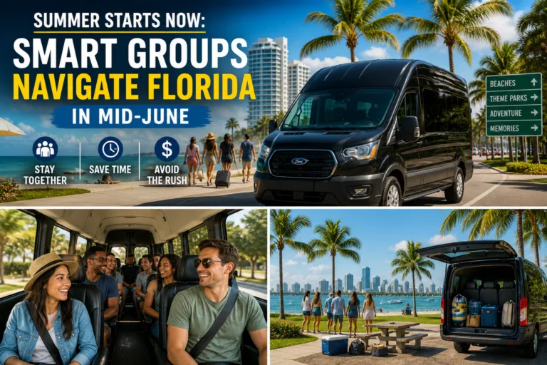 Black passenger van by Florida beach skyline