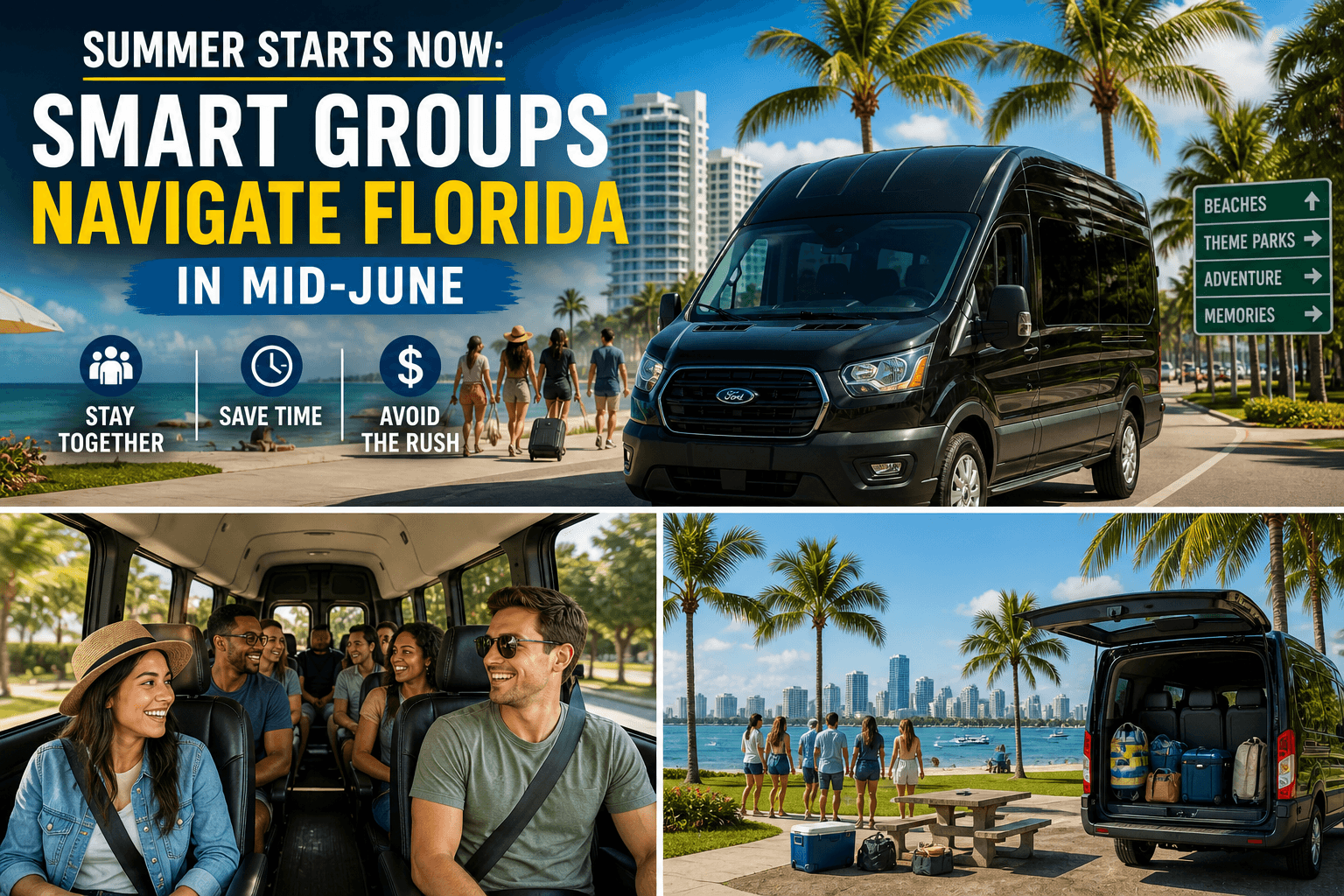 Black passenger van by Florida beach skyline