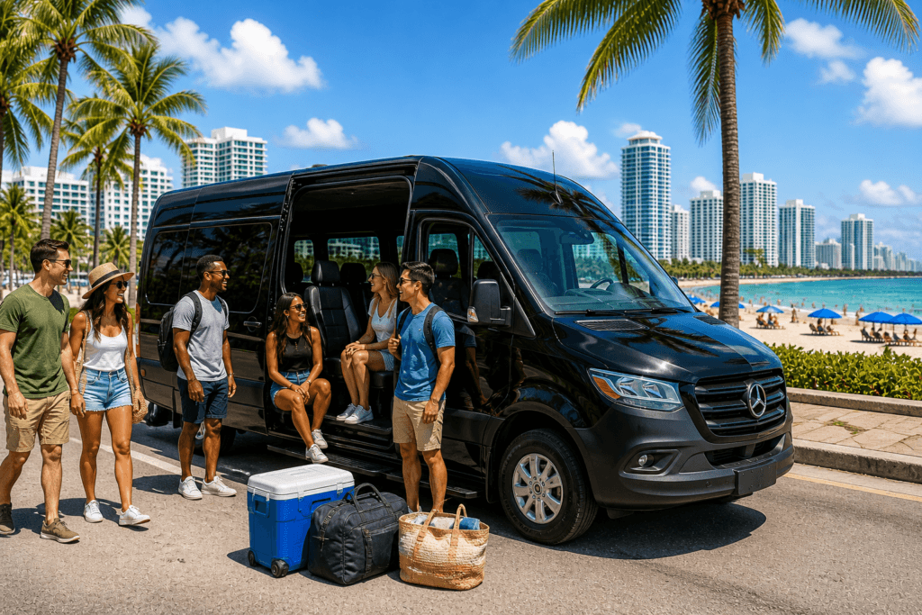 Friends by black van at sunny beach