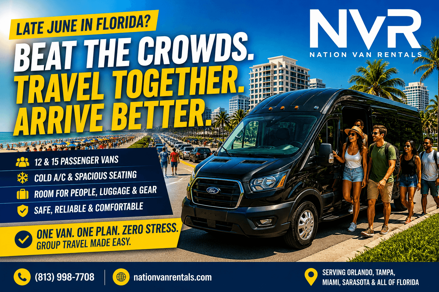 Group exiting passenger van near crowded Florida beach