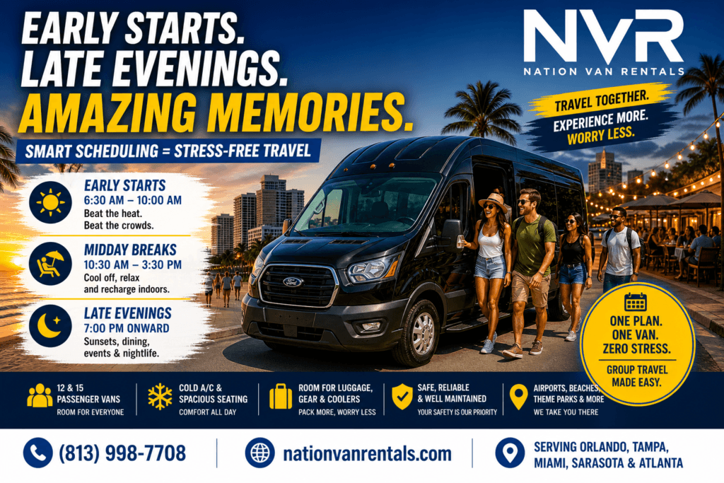 Nation Van Rentals promotional poster showing a black 2026 Ford Transit high roof passenger van with group travelers in Florida, highlighting early starts, late evenings, smart scheduling, and 24/7 pickup and return van rental service for group transportation in Orlando, Tampa, Miami, Sarasota, and Atlanta