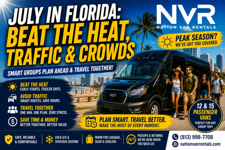 Passenger van rental ad on Florida beach