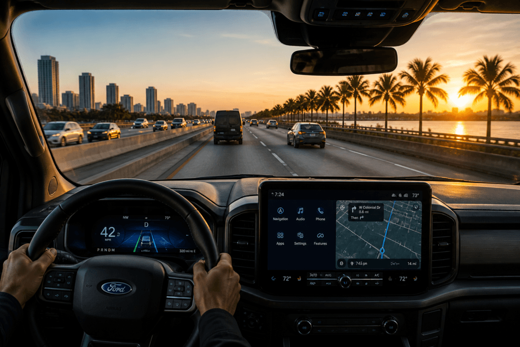 Driving on coastal highway at sunset with city skyline