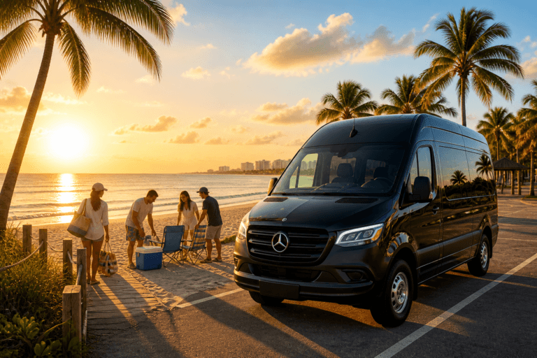 Black van parked by beach at sunset
